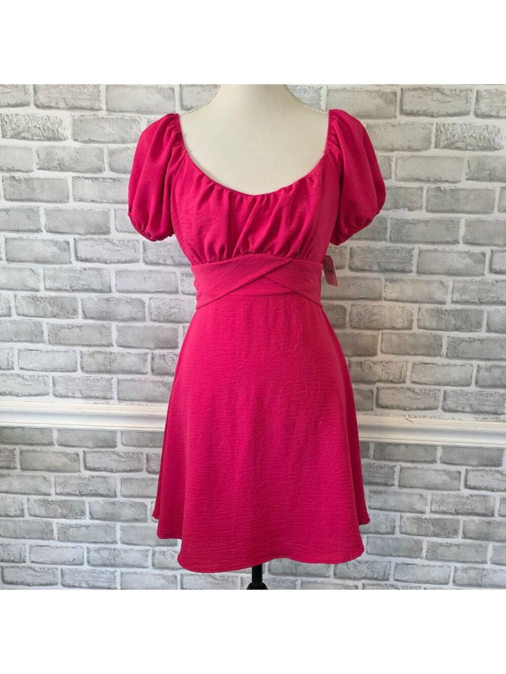 NWT Altar'd State Hot Pink Puff Sleeve Elsie Mini Dress S Coquette Barbiecore